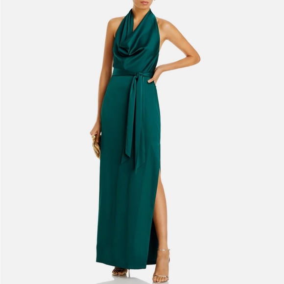 LIV FOSTER Green Cowl Neck Maxi Dress Satin Gown Wedding Formal Party Size 2 - Picture 2 of 14